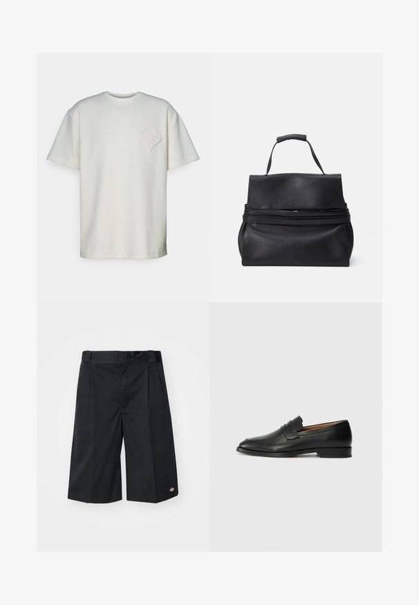 Trumpas rankovėmis marškinėliai iš kreminio medvilnės, su tekstūruotu deimanto formos aplikacija ir reljefiniu dizainu kairėje krūtinės pusėje.; Juodi šortai su pritaikytu dizainu, su plokščiomis priekinėmis raukšlėmis, standartiniu juosmeniu ir šoninėmis kišenėmis. Pagaminti iš tvirto audinio.; Juodas odinis loaferis su apvaliu nosiu, subtiliomis siuvimo detalėmis ir žemu kulnu, pasižymintis lygia tekstūra ir minimalistiniu dizainu.; Juodos odinės rankinės struktūruotas dizainas, turintis viršutinę rankeną, užtrauktuko uždarymą ir lygų paviršių. Paprastas logotipo akcentas priekyje.