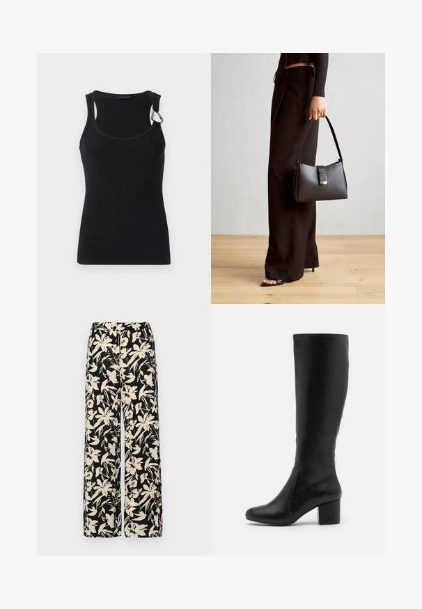 Crni rebrasti majica bez rukava s okruglim izrezom, tankim naramenicama i metalnim detaljem na lijevom ramenu. Glatka tekstura tkanine, dizajn koji se prilagođava tijelu.; Crne široke hlače s kremastim cvjetnim uzorkom. Izrađene od lagane tkanine, sa glatkom teksturom i visokim pojasom.; Crne kožne čizme do koljena s glatkom teksturom, zaobljenim vrhom, bočnim panelom i debljim blok petom.; Crna torba s oblikom koji sadrži strukturu, glađu teksturu i metalnu kopču. Uparena s širokim crnim hlačama i sandalama na otvorenom s drvenog poda.