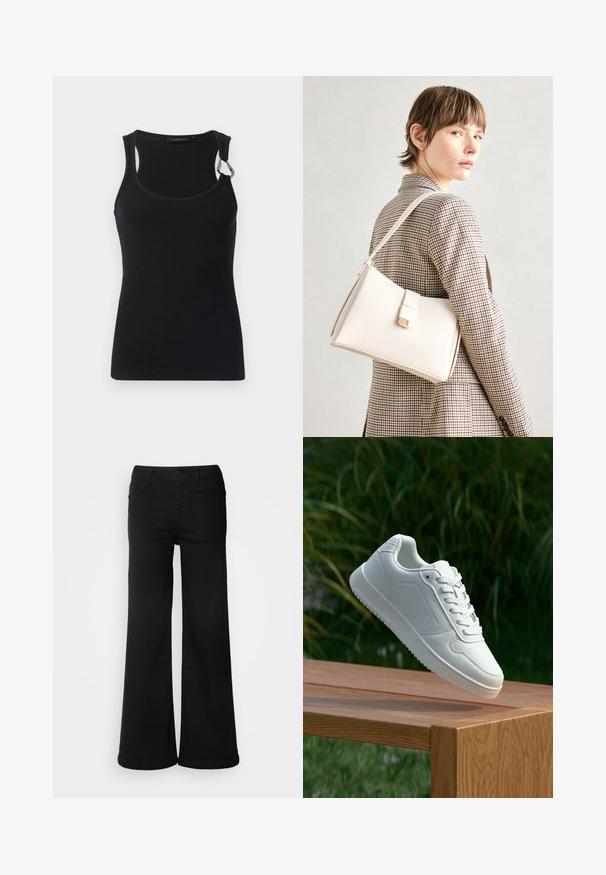 Black ribbed tank top with a round neckline, thin straps, and a metal accent on the left shoulder. Smooth fabric texture, form-fitting design.; Black wide-leg pants made of denim fabric, featuring front pockets, a button closure, and a smooth texture with a clean finish.; White sneaker with a smooth synthetic upper, perforated toe box, flat laces, and a textured sole, displayed on a wooden surface.; White leather handbag with a structured design, featuring a magnetic clasp and a shoulder strap, showcased against a neutral background.