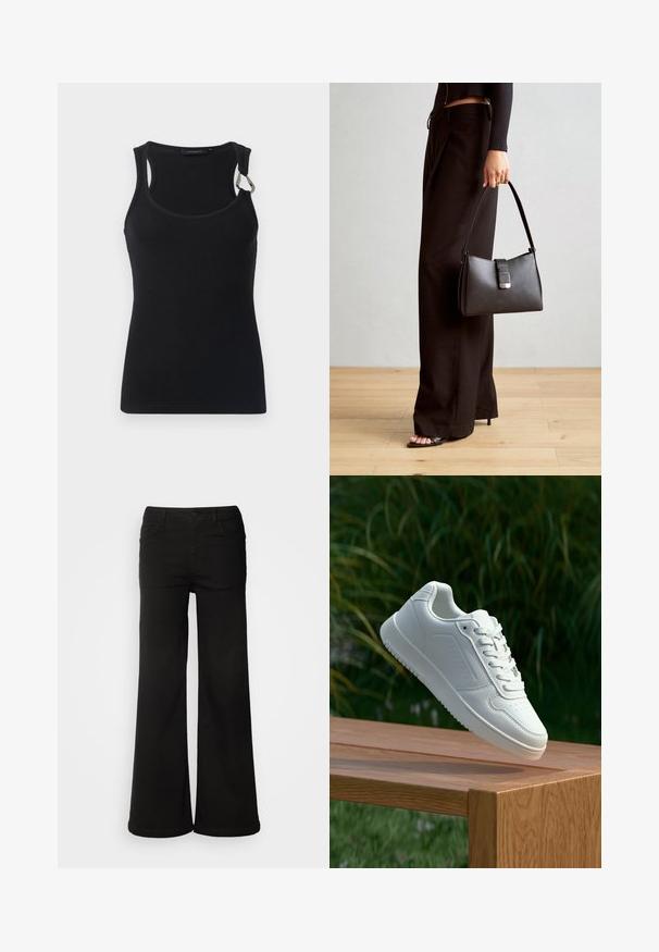 Black ribbed tank top with a round neckline, thin straps, and a metal accent on the left shoulder. Smooth fabric texture, form-fitting design.; Black wide-leg pants made of denim fabric, featuring front pockets, a button closure, and a smooth texture with a clean finish.; White sneaker with a smooth synthetic upper, perforated toe box, flat laces, and a textured sole, displayed on a wooden surface.; Black handbag with structured shape, smooth texture, and a metallic clasp. Paired with wide black pants and open-toe sandals on wooden floor.