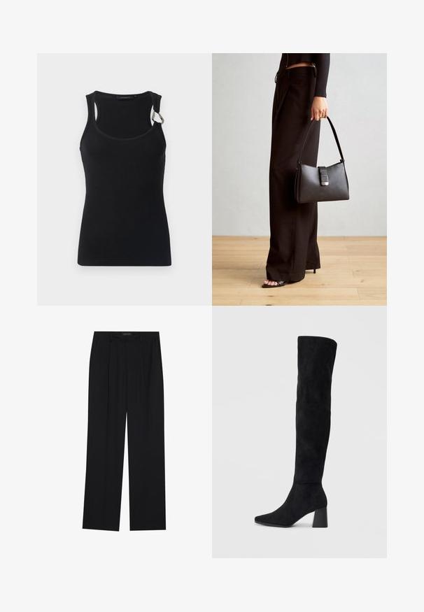 Črna žametna majica brez rokavov z okroglim izrezom, tankimi naramnicami in kovinskim detajlom na levem ramenu. Gladek cstuk, prilega se telesu.; Črne hlače s ravnim krojem, ki imajo dva sprednja žepa in pas. Narejene so iz gladkega, lahkega materiala.; Črne semiš škornje do kolen z blok peto, s koničastim nosom in gladkim, brezšivnim dizajnom na enostavni svetli podlagi.; Črna torbica z strukturirano obliko, gladko teksturo in kovinskim zaponko. Ujemajo se z širokimi črnimi hlačami in odprtimi sandali na lesenem tleh.
