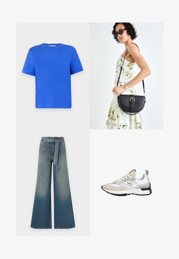 Zils īsām piedurknēm T-krekls, izgatavots no kokvilnas. Tam ir apaļš izgriezums un vienkāršs, vienkrāsains dizains. Gluda tekstūra, brīva piegriezuma.; Platām kājām džinsu bikses ar gaismas līdz tumši zilam gradientam, augstu jostas līniju, jostas cilpām un atbilstošu auduma jostu. Tekstūrēts džinsas apdare.; Pepe Jeans Sporta apavi - factory white; Melnas ādas rokassoma ar izliekta formu, noņemamu siksnu un zelta aksesuāriem. Somai ir vāciņš ar sprādzes detaļu.