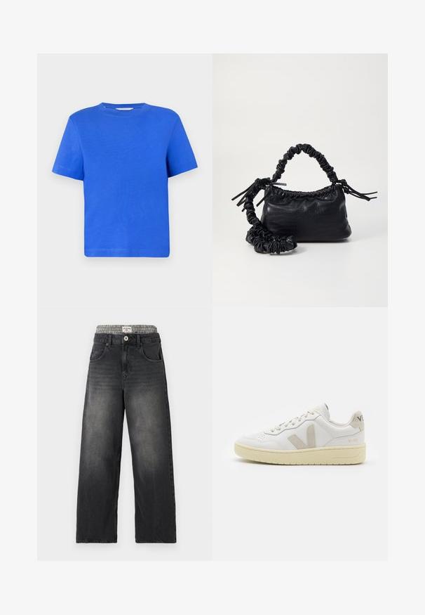 Blaues Kurzarm-T-Shirt aus Baumwolle. Verfügt über einen Rundhalsausschnitt und ein einfaches, einfarbiges Design. Glatte Textur, lockere Passform.; Schwarze Jeans mit weitem Bein aus Denim und einem Hahnentritt-Muster am Bund. Merkmale sind Fronttaschen und ein Knopfverschluß. Mit einem abgenutzten Look.; Weiße Ledersneaker mit beigen Wildlederakzenten, perforierte Zehenbox, flache Schnürsenkel und eine strukturierte cremefarbene Sohle. Mit dezentem Branding an der Ferse.; Schwarze Handtasche aus Kunstleder mit Krokodilstruktur, gerafftem oberen Teil und einem geschoppten Tragegurt. Sie wirkt weich und kompakt im Design.