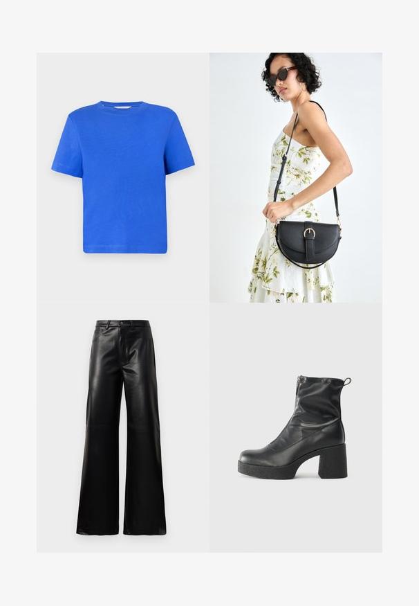 Zils īsām piedurknēm T-krekls, izgatavots no kokvilnas. Tam ir apaļš izgriezums un vienkāršs, vienkrāsains dizains. Gluda tekstūra, brīva piegriezuma.; Melnas augstās jostas platajās kājās sintētiskās ādas bikses ar priekšējo pogu, rāvējslēdzēju, jostas cilpām un sānu kabatām uz baltā fona.; Melni potītes zābaki, kas izgatavoti no gludas ādas, ar sānu rāvējslēdzēju, masīvu strukturētu papēdi un noapaļotu purngalu.; Melnas ādas rokassoma ar izliekta formu, noņemamu siksnu un zelta aksesuāriem. Somai ir vāciņš ar sprādzes detaļu.