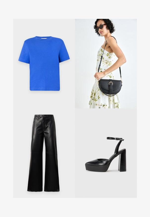 Kék, rövid ujjú pamut póló. Kerek nyakkivágással és egyszerű, egyszínű dizájnnal rendelkezik. Simább textúra, laza szabás.; Fekete, magas derekú, széles lábú, műbőr nadrág elülső gombbal, cipzárral, övbújtatókkal és oldalsó zsebekkel, fehér háttérrel.; Fekete platform magassarkú cipők hegyes orral és állítható bokapánttal. Sima bőrből készült, vastag talppal.; Fekete bőrtáska ívelt formával, levehető pánttal és arany színű fémrészekkel. A táskán egy csattal díszített fedél található.