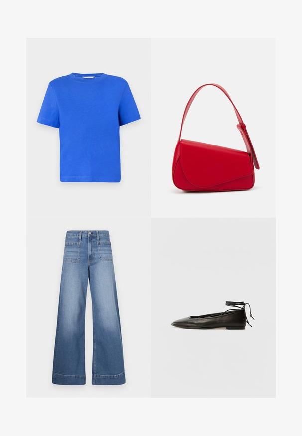 Blå t-skjorte med korte ermer laget av bomull. Har rund hals og et enkelt, ensfarget design. Glatt tekstur og avslappet passform.; Bredde blå denimjeans med høy midje, to frontlommer og to baklommer, med en ren finish og subtil falming.; Svarte lær balletflater med spiss tå, ankelbånd og flat såle, som har en glatt tekstur og minimalistisk design.; Rød lærveske med en vinklet, geometrisk design. Har en enkelt justerbar stropp og en klaffelukking med sydd detaljer.