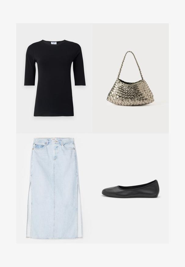 Top nero a maniche lunghe realizzato in morbido tessuto elastico. Presenta un collo rotondo e una silhouette aderente con maniche di lunghezza media.; Gonna maxi in denim azzurro chiaro con taglio dritto, dotata di spacchi laterali e design a cinque tasche. Cuciture in evidenza e chiusura con bottone in metallo.; Pantofole da balletto nere in pelle con punta arrotondata, texture liscia, dettagli di cucitura minimi e design con suola flessibile.; Borsa in tessuto metallico intrecciato con forma triangolare, dotata di una tracolla intrecciata e un interno rivestito in velluto. Colore: argento. Texture: liscia e simile a un tessuto.