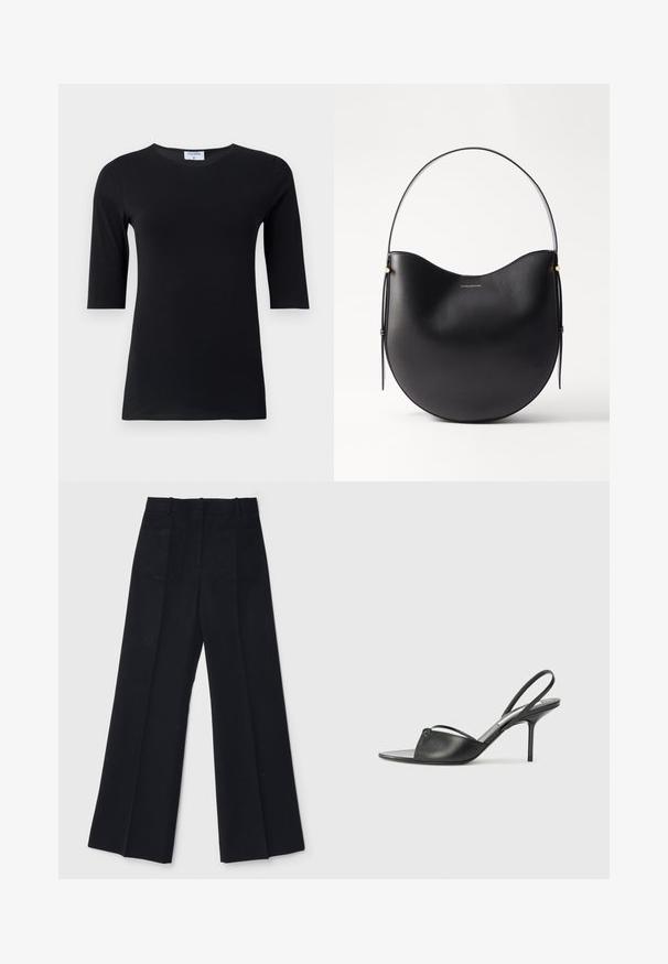 Fekete, hosszú ujjú felső, puha, ruganyos anyagból készült. Jellemzője a kerek nyakkivágás és a testhezálló fazon, közepes hosszúságú ujjakkal.; Fekete, bő szárú nadrág sima anyagból, magas derékkal, két hátsó zsebbel és diszkrét elülső redőkkel az extra alakért.; Fekete bőr, hátsó pántos, hegyes orrú magassarkú cipők vékony bokapánttal és stiletto sarkukkal. Az orrban csomózott részlet található.; Fekete bőr válltáska ívelt formával, vékony fogantyúval és finom arany részletekkel. Simából textúra, minimalista dizájnnal.