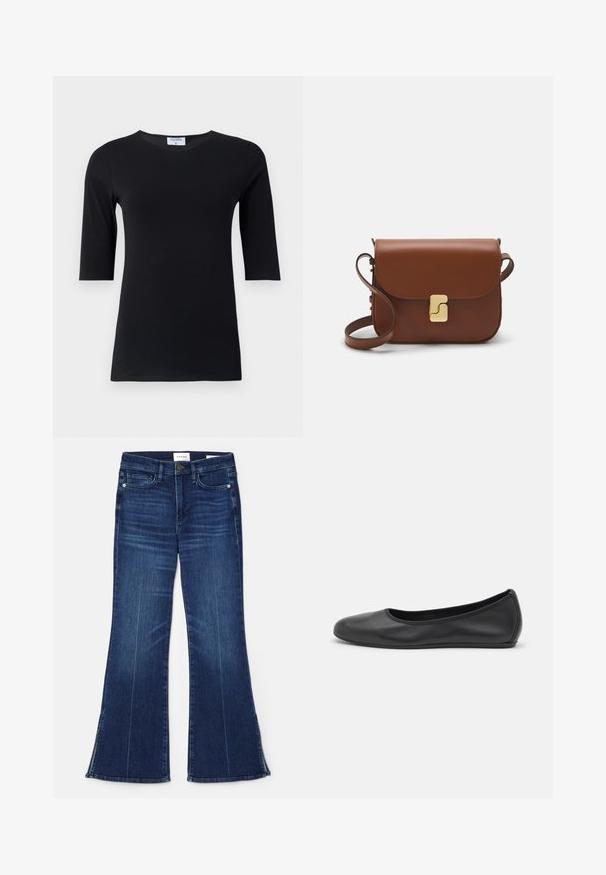 Zwart langemouwtop gemaakt van zachte, rekbare stof. Heeft een ronde halslijn en een aansluitende pasvorm met halflange mouwen.; Donkerblauwe uitlopende jeans gemaakt van denim. Beschikt over een hoge taille, voorzakken en splitdetails aan de zoom. Klassiek vijfzakontwerp.; Zwarte leren ballerina met een ronde neus, gladde textuur, minimale stikdetails en een flexibele zoolontwerp.; Bruine leren handtas met een klep sluiting, gouden hardware, een schouderband en een gladde textuur. Compact rechthoekige vorm.