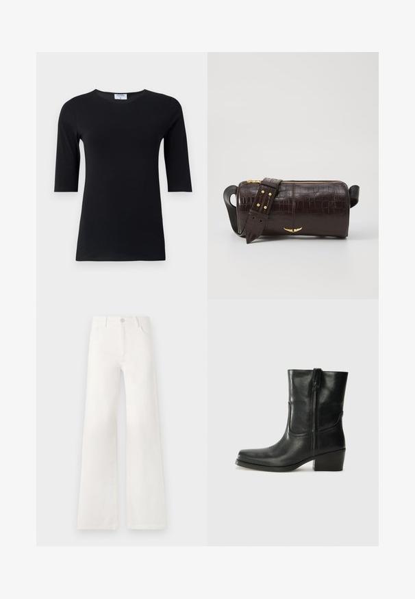 Bluză neagră cu mâneci lungi, realizată dintr-un material moale și elastic. Are un decolteu rotund și o siluetă ajustată, cu mâneci de lungime medie.; Jeans albe, cu talie înaltă și croială largă, realizate din denim. Dispun de închidere cu buton, două buzunare frontale și cusături detaliate pe laterale.; Botine din piele neagră, cu vârf rotund, toc pătrat, fermoar pe lateral și accente de cusături pe partea superioară. Textură netedă, design clasic.; Geantă din piele căptușită cu un model de crocodil de culoare maro, cu o formă cilindrică, accesorii de culoare aurie și un curea detasabilă cu tăieturi.