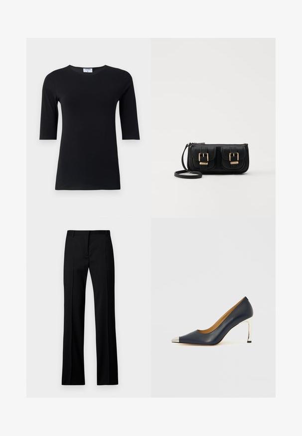 Svart långärmad topp i mjukt, stretchigt tyg. Har en rund halsringning och en figurnära siluett med ärmar i mellanstorlek.; Svarta raka byxor i slätt tyg, med platt front, bälteshällor och utan synliga fickor eller dekorationer.; Mörkblå högklackad lädersko med spetsig tå, som har en silverfärgad metallhätta och en glänsande silverstiletto-häl.; Svart läderaxelväska med två framfickor, guldspännen, dragkedjestängning och en smal rem. Texturerad yta och kompakt rektangulär form.