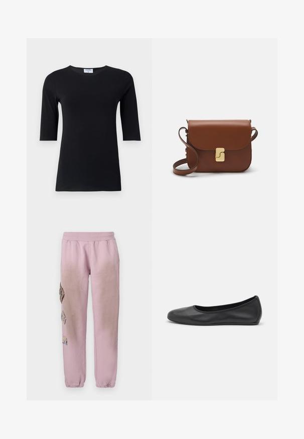 Black long-sleeve top made of soft, stretchable fabric. Features a round neckline and fitted silhouette with mid-length sleeves.; Pink sweatpants with an elastic waistband, featuring decorative patches in diamond shapes on the left side and elastic cuffs at the ankles.; Black leather ballet flat with a rounded toe, smooth texture, minimal stitching detail, and a flexible sole design.; Brown leather handbag with a flap closure, gold-tone hardware, a shoulder strap, and a smooth texture. Compact rectangular shape.