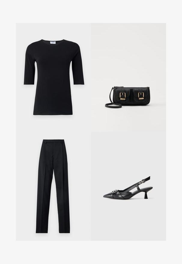 Fekete, hosszú ujjú felső, puha, ruganyos anyagból készült. Jellemzője a kerek nyakkivágás és a testhezálló fazon, közepes hosszúságú ujjakkal.; Fekete nadrág sima anyagból, magas derékkal, széles lábakkal, elülső redőkkel és klasszikus övhurkokkal. Oldalzsebek nem láthatók.; Fekete bőr slingback cipő hegyes orral, dekoratív pántokkal, fém szemekkel és alacsony blokk sarkú. Texturált felület.; Fekete bőr keresztbody táska két elülső zsebbel, arany csattokkal, cipzáras záródással és vékony pánttal. Textúrált felület és kompakt téglalap alak.