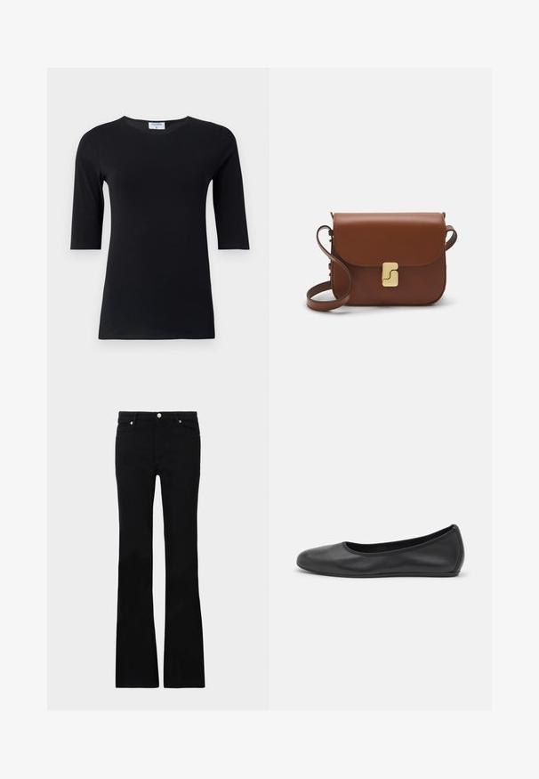 Črn dolg rokav majica, izdelana iz mehkega in raztegljivega blaga. Ima okroglo ovratnico in tesno silhueto z rokavi srednje dolžine.; Črne zvonaste kavbojke iz denima, ki imajo dve sprednji žepi, gumbasto zapiranje in gladko teksturo. Oznaka zašite vidna na šivih.; Črne usnjene balerinke z zaobljenim nosom, gladko teksturo, minimalnimi šivi in fleksibilno zasnovo podplata.; Rjava usnjena torbica s poklopcem, zlato obarvani okovi, naramnica in gladka tekstura. Kompaktna pravokotna oblika.