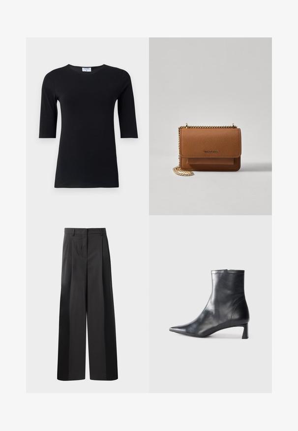Fekete, hosszú ujjú felső, puha, ruganyos anyagból készült. Jellemzője a kerek nyakkivágás és a testhezálló fazon, közepes hosszúságú ujjakkal.; Fekete, bő szárú nadrág magas derékkal, elöl plissékkel, sima felülettel és igényes kidolgozással. Kényelmes viseletre tervezve.; Fekete bőr bokacsizma hegyes orral és letisztult dizájnnal. Alacsony sarka és hátsó cipzáras záródása van. Simának tűnő textúra.; Barna textúrájú bőr keresztbody táska arany lánc pánttal és fedélzárral. Az elején logó részlet és egy zseb található a fedél alatt.
