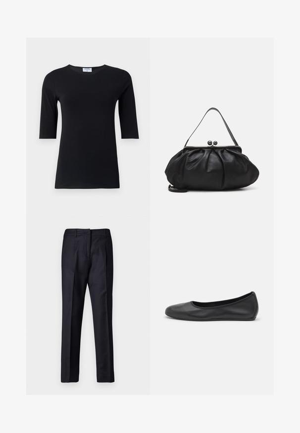 Black long-sleeve top made of soft, stretchable fabric. Features a round neckline and fitted silhouette with mid-length sleeves.; Navy tailored trousers with a smooth texture, featuring a flat front, dual pleats, and belt loops. Straight-leg cut, finished hem.; Black leather ballet flat with a rounded toe, smooth texture, minimal stitching detail, and a flexible sole design.; Black leather handbag with a rounded, pleated design. Features a metallic clasp with two decorative balls and a slim, detachable strap.