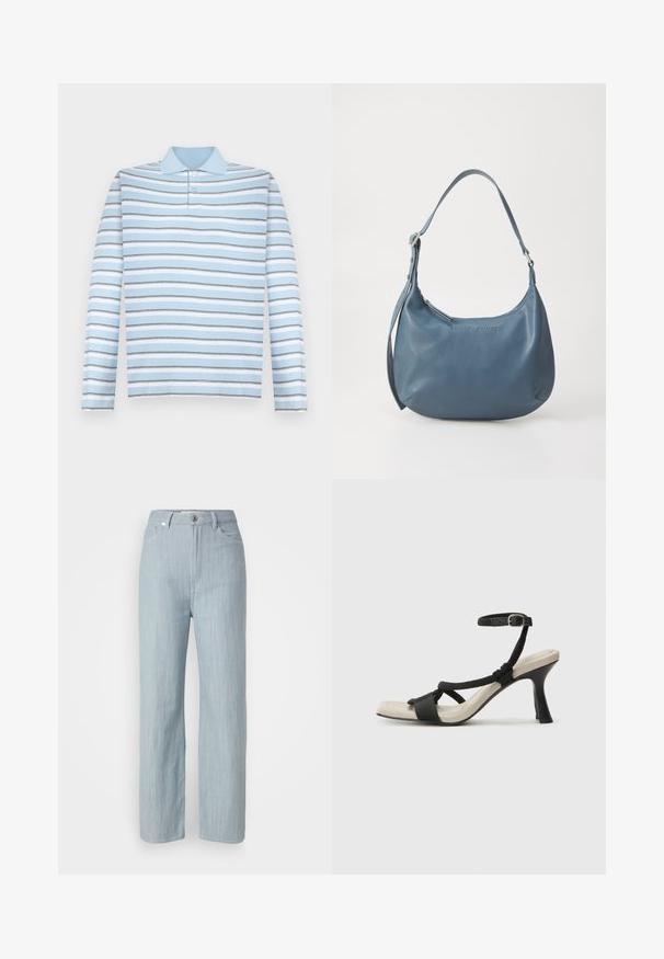 Camisa polo de manga larga azul claro con rayas horizontales grises y blancas y un cuello tipo polo.; Jeans de pierna recta en azul claro, hechos de denim. Cuenta con cinco bolsillos, un cierre de botón de metal y un sutil desgastado para añadir textura.; Sanda¡ía de tacón negro con diseño de tira trenzada, punta cuadrada y correa ajustable en el tobillo. Plantilla de color beige claro con un tacón negro brillante.; Bolso de piel azul con forma redondeada, correa de hombro única, cierre de cremallera y nombre de la marca en relieve en la parte frontal. Textura suave.
