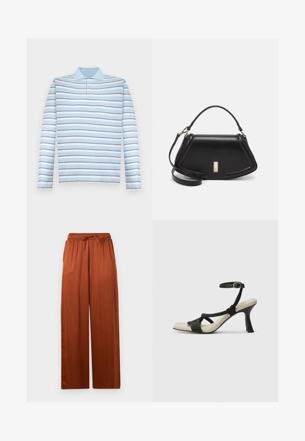 Hellblaues Langarm-Polohemd mit horizontalen grauen und weißen Streifen und einem Kragen.; Hose mit weitem Bein in einem tiefen Braunton, aus glattem Stoff gefertigt. Mit einem elastischen Bund und einem Kordelzug sowie Seitentaschen.; Schwarze Absatzsandale mit geflochtenem Riemendesign, quadratischer Spitze und verstellbarem Knöchelriemen. Helle beigefarbene Sohle mit glänzendem schwarzen Absatz.; Schwarze Lederhandtasche mit einem strukturierten Design, das eine verkürzte Form, einen oberen Griff und goldfarbene Hardware-Details aufweist. Verstellbarer Schulterriemen ist enthalten.