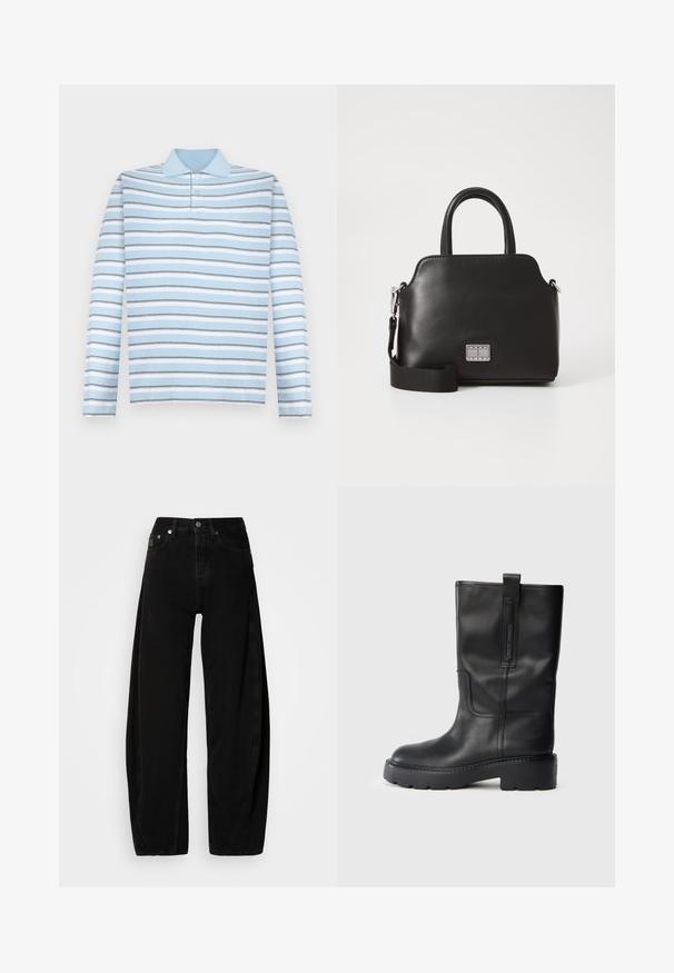 Hellblaues Langarm-Polohemd mit horizontalen grauen und weißen Streifen und einem Kragen.; Schwarze Denim-Hosen mit weitem Bein und hoher Taille, ausgestattet mit einer Knopfleiste, fünf Taschen und minimalistischen Nähdetails.; Schwarze Lederstiefel bis zum Knie mit schlankem Design, ausgestattet mit einer dicken Sohle und einem seitlichen Zugschlauf für ein einfaches Anziehen. Auffällige Nähte.; Schwarze synthetische Handtasche mit oberen Griffen, abnehmbarem Schultergurt, runder Form, glatter Textur und silbernem Logo-Akzent auf der Vorderseite.