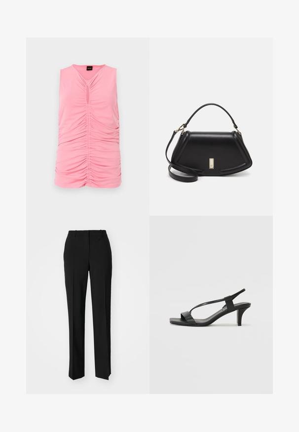 Ermeløs rosa topp laget av myk stoff, med samlet tekstur og en nøkkelhullskutt ved halslinjen. Glatt, tettsittende design.; Sorte skreddersydde bukser med rett silhuett, med en glatt tekstur og klare pressede bretter foran. Ingen synlig maskinvare.; Svarte hæl-sandaler med et slankt stroppedesign, firkantet tå og en mellomhøy blokkheel. Laget av glatt lær med en matt finish.; Sort lærveske med en strukturert design, som har en avkortet form, topphåndtak og detaljer i gull. Justerbar skulderstropp inkludert.