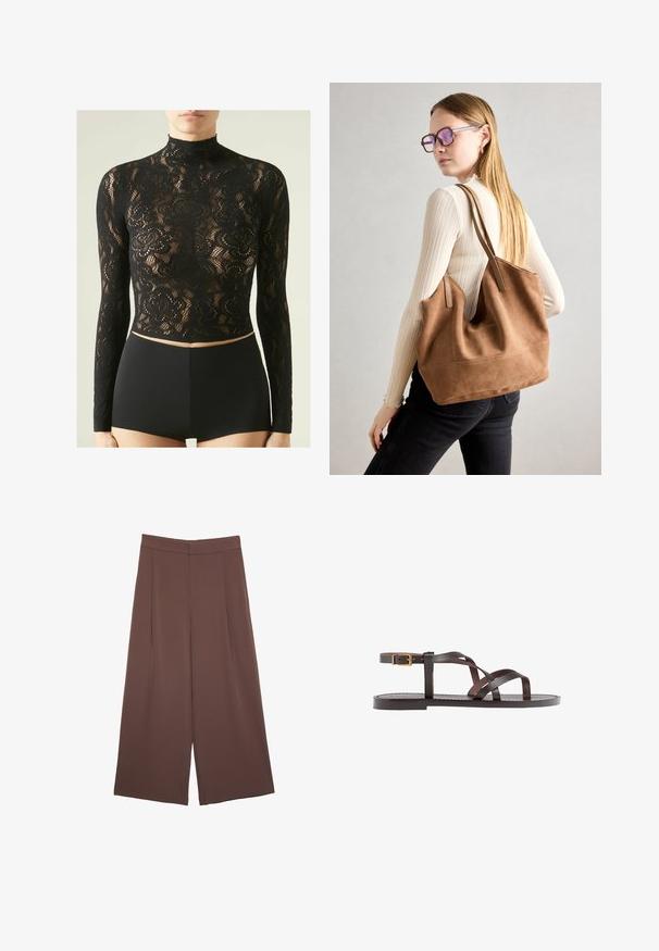 Svart spets långärmad topp med hög hals, med intrikata blommönster och en kort design, ihopparad med hög midja svarta shorts.; Bruna vida byxor med en slät textur, som har hög midja och framfickor. Tyget är lätt och flödar löst.; Bruna lädersandaler med korsade remmar, spänne runt vristen och en platt sula med minimala sömnadsdetaljer.; Brun mocka toteväska med mjuk textur, stor öppning och långa axelremmar. Har en enkel design med synliga sömmar och ingen hårdvara.