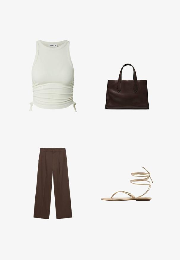White ribbed tank top with round neckline, side gathering, and adjustable ties at the hem. Made from a soft, stretchy material.; Brown wide-leg trousers made of a smooth fabric, featuring a high waist, front pleats, and two side pockets.; Gold flat sandal with thin, spiral ankle straps, open toe design, and a minimalist sole. Features a smooth, metallic finish.; Brown leather tote bag with two elongated handles, structured rectangular shape, smooth texture, and subtle stitching details.; Gold-tone metal earring with a sleek, curved design. Features a distinctive pointed shape, polished surface, and hinge closure.