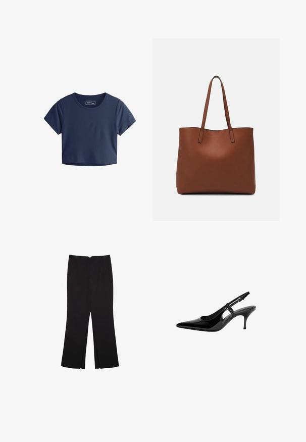 Tamno plava skraćena majica kratkih rukava izrađena od glatkog materijala, s okruglim izrezom i minimalnim detaljima šivanja. Unutra je vidljiva oznaka branda.; Crne hlače ravnog kroja, s prednjim džepovima i bočnim prorezima na rubu. Izrađene od mekog i glatkog materijala. Pogodne za razne prigode.; Crne lakirane kožne sandale sa otvorenom petom, špicastim prstom, otvorima sa strane, tankom potpeticom i podesivom trakom oko članaka.; Smeđa kožna torba preko ramena s glatkom teksturom, otvorenim vrhom i dvjema naramenicama. Ima minimalne šavove i nema vidljivog hardvera.
