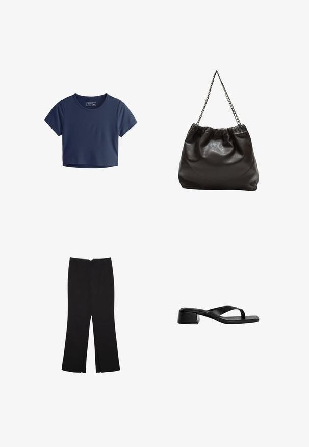 Navyblaues, kurzes T-Shirt aus glattem Stoff mit kurzen Ärmeln, rundem Halsausschnitt und minimalen Nahtdetails. Markenlabel innen sichtbar.; Schwarze Hose mit geradem Schnitt, ausgestattet mit Fronttaschen und Seitenschlitzen am Saum. Hergestellt aus weichem, glattem Stoff. Geeignet für verschiedene Anlässe.; Schwarze Leder-High Heel-Sandalen mit einem Zehenstegdesign, quadratischer Zehenpartie und niedrigem Blockabsatz. Glatte Textur mit minimalistischem Stil.; Braune Lederhandtasche mit gerafftem Oberteil und Kettenriemen. Glatte Textur mit glänzendem Finish und subtilen Nahtdetails an den Seiten.