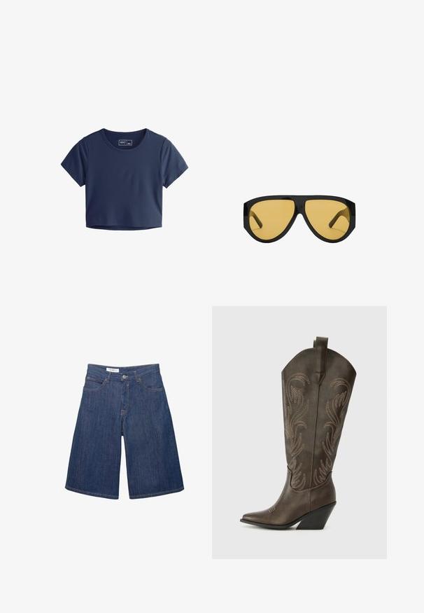 Námornícky modré skrátené tričko vyrobené z hladkej tkaniny, s krátkymi rukávmi, okrúhlym výstrihom a minimálnymi detailmi šitia. Značkový štítok je viditeľný vo vnútri.; Džínové šortky s voľným strihom, tmavomodrej farby, s prednými vreckami a prešitými okrajmi, s jedným kovovým gombíkom v páse.; Hnedé kožené kovbojské topánky s špicatou špičkou, klinovým podpätkom a dekoratívnym vyšívaním. Majú vysoký zvršok a húkač.; Slnečné okuliare s elegantným čiernym plastovým rámom a žltými tónovanými sklami, s výrazným uhlovým tvarom a širokými spánkami pre zvýšenú ochranu.