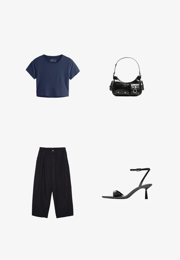 T-shirt bleu marine court en tissu lisse avec des manches courtes, un col rond et des détails de couture minimaux. Étiquette de marque visible à l'intérieur.; Pantalon culotte noir en polyester avec une taille élastique, deux plis avant et une silhouette ample. Pas de motifs visibles ni de détails matériels.; Bershka Sandales à talons hauts - black; Sac à main en cuir verni noir avec une forme incurvée, une bandoulière, des poches avant et des accents en métal argenté.