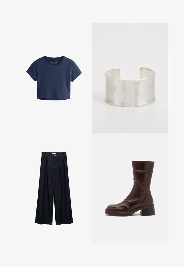 Navyblauwe cropped T-shirt van gladde stof met korte mouwen, ronde halslijn en minimale stikdetails. Merkenlabel zichtbaar aan de binnenkant.; Donkerdenim wijde-broek met een hoge taille, voorzien van een sluiting met knoop aan de voorkant, twee zijzakken en stikdetails.; MIISTA MALENE - Lage laarzen - brown; Zign Armband - silver-coloured
