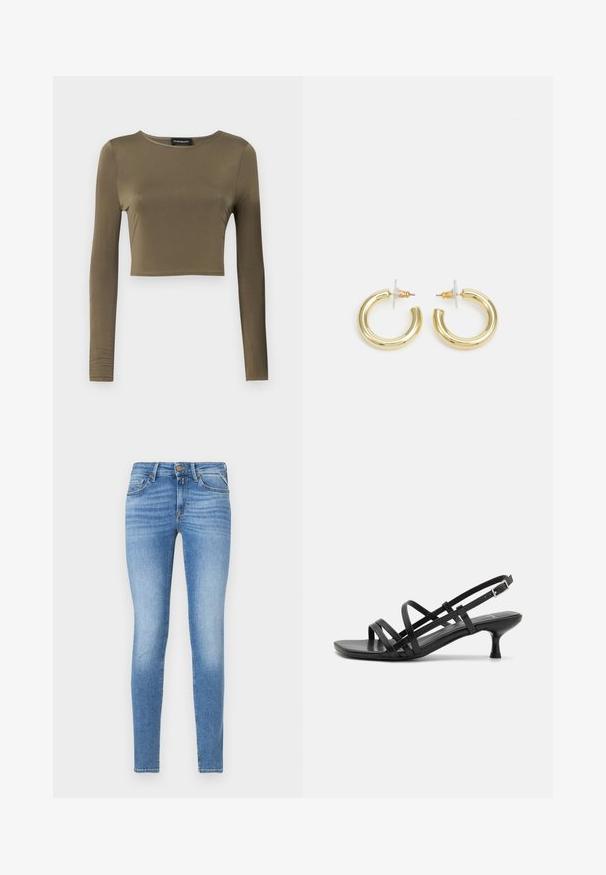 Maslinasto zelena, dugačka, skraćena majica s dugim rukavima od glatkog, rastezljivog materijala; ima okrugli izrez i kroj prilagođen tijelu s dovršenim rubovima.; Uske slim-fit svijetloplave teksas traperice s srednjim strukom, prednjim gumbom i dizajnom s pet džepova.; Crne sandale na visokoj potpetici s višestrukim križnim trakama. Glatki materijal, šiljati vrh i uska peta. Podesiva traka oko gležnja s kopčanjem.; Zlatne kružne naušnice s glatkom, sjajnom završnom obradom. Kružni dizajn s malom potporom i prozirnom podlogom za sigurno nošenje.