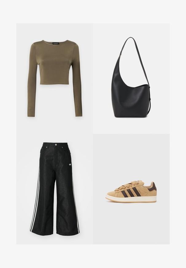 Õlivahele roheline, pikad varrukad kropp top sileda, veniva kangaga; omadused ümar kaelus ja kohandatud sobivus viimistletud servadega.; Mustad mustadeline denimipüksid, millel on kummalgi küljel kolm valget triipu ja väike valge logo. Omab esikotte ja nööbiga kinnihoidmist.; Pruunist suede ketsid, millel on kolm tumedat pruuni triipu, valge tald ja beežid paelad. Kombineeritud teal- ja valgete triibuliste pükstega.; Mustast nahast hobo kott, millel on sile tekstuur, kumer kuju ja üks reguleeritav rihm; peal on lai avaus.