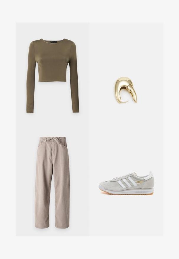 Olivově zelený, dlouhý rukáv, zkrácený top v hladké, elastické tkanině; má kulatý výstřih a přesný střih s hotovými lemy.; Béžové kordové kalhoty s volným střihem, se šňůrkovým pasem, dvěma předními kapsami a vertikálně proužkovanou texturou.; Světlé šedé tenisky vyrobené z semiše a síťoviny, se třemi bílými pruhy, kulatou špičkou a gumovou podrážkou. Zlatý logo akcent u šněrování.; Náušnice ve zlatém tónu z kovu s elegantním zakřiveným designem. Vyznačují se jedinečným špičatým tvarem, lesklým povrchem a závěsem na kloub.