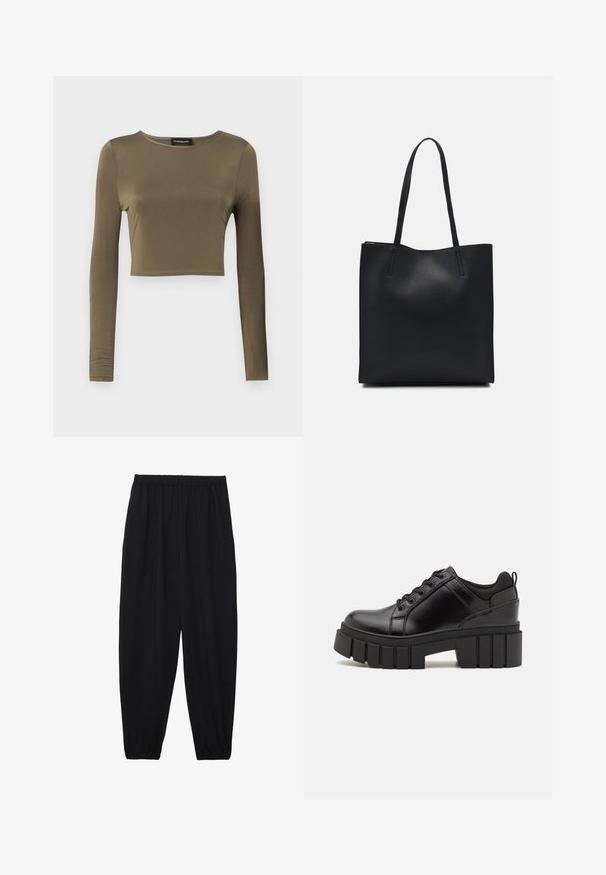 Olivgrünes, langärmeliges, cropped Oberteil aus einem glatten, dehnbaren Stoff; verfügt über einen runden Ausschnitt und eine taillierte Passform mit fertig gestellten Säumen.; Schwarze, leichte Hosen mit einem elastischen Bund und gerafften Knöcheln. Der Stoff ist glatt und hat ein entspanntes, schmal zulaufendes Design.; Schwarze Lederplateauschuhe mit klobigem Blockabsatz, runder Zehenpartie und traditionellem Schnürdesign. Verfügt über eine glatte Textur und minimale Details.; Schwarze Laptoptasche aus Leder mit glatter Textur, rechteckiger Form und zwei langen Griffen. Keine sichtbaren Beschläge oder Verzierungen.