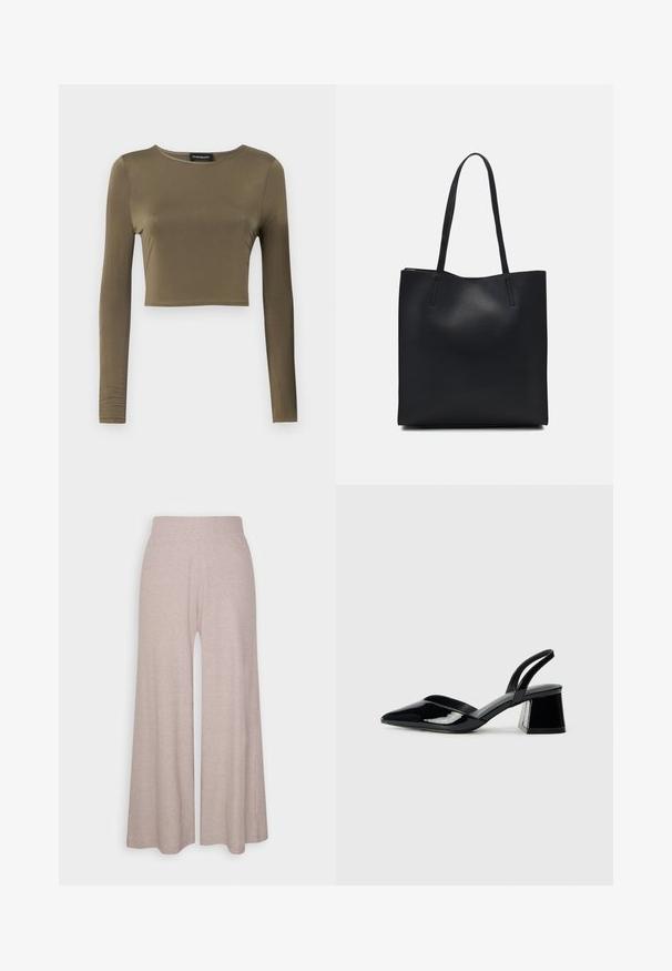 Olijfgroene, langmouw cropped top van een gladde, rekbare stof; heeft een ronde halslijn en een getailleerde pasvorm met afgewerkte zomen.; Lichtgrijze, wijde broek van zacht, geribbeld materiaal, met een hoge tailleband en volledige lengte benen met een subtiele textuur.; Zwarte gepatineerde leren slingback hakken met een spitse neus en een geometrische blokhak. Kenmerkt zich door een slank, minimalistisch ontwerp en een gladde textuur.; Zwarte leren handtas met een gladde textuur, rechthoekige vorm en twee lange handvaten. Geen zichtbare hardware of versieringen.