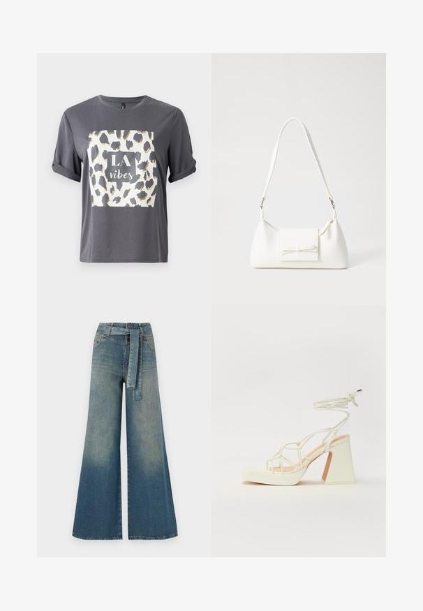 Gray t-shirt featuring a leopard print design in gold and black with the text "LA vibes" in a central square on the front. Short sleeves.; Wide-leg denim trousers featuring a light to dark blue gradient, high waist, belt loops, and a matching fabric belt. Textured denim finish.; White high-heeled sandal with a chunky heel, featuring a strappy design and ankle tie. Smooth texture with a platform front for added height.; White synthetic handbag with a triangular shape, flat front flap and bow detail, adjustable strap, smooth texture, and minimalistic design.