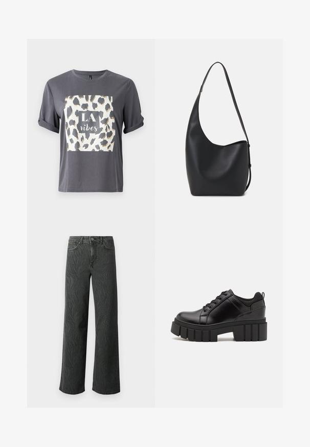 Szürke póló arany és fekete leopárdmintával, középen "LA vibes" felirattal egy négyzetben. Rövid ujjú.; Sötét szürke denim széles lábú farmer, diszkrét zebra mintás textúrával, kontrasztos varrással és öt zsebes kialakítással, gombos zipzárral.; Fekete bőr platform cipők vaskos blokk sarkakkal, kerek orral és hagyományos fűzős kialakítással. Simára csiszolt felület és minimális részletezés jellemzi.; Fekete bőr hobo táska sima textúrával, ívelt formával és egyetlen állítható pánttal; széles nyílás található a tetején.