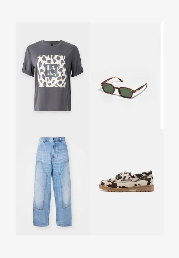 Hallhalline t-särk, millel on leopardimustriga disain kuldse ja musta värviga ning tekst "LA vibes" keskmises ruudus esiküljel. Lühikesed varrukad.; Heledsinine teksapüksid avara luksusega, millel on kaks suurt esipoolset taskut, nupuga sulgur ja kergelt pleekinud välimus. Taskutel on õmmeldud detailid.; Läikivast karvade mustrist valmistatud kingad, millel on kreemjas alus tumedate pruunide laikudega, valmistatud kummist tallaga ning paelaga kinnitamine.; Kilpkonnakuju prillid roheliste läätsega, millel on kaheksanurkne kuju ja kitsad, kaarduvad varred. Materjalil on läikiv viimistlus.; Üks õlarihmaga kott kreemja kangaga, millel on korduv MK logo muster, pruun nahast aktsent ja kuldne ketirpadi koos eemaldatava pruuni rihmaga.