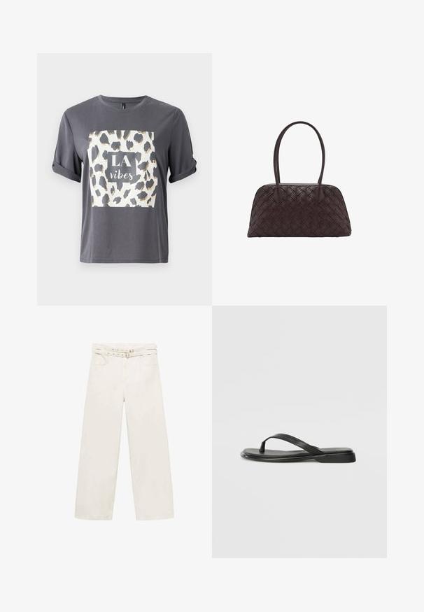 Gray t-shirt featuring a leopard print design in gold and black with the text "LA vibes" in a central square on the front. Short sleeves.; Wide-leg, cream-colored trousers made from cotton. Features a belted waist, zip fly, and two front pockets. Smooth texture, minimal stitching.; Black flip-flop made of smooth leather, featuring a thin strap design and a flat sole with a minimal profile. No notable patterns or accents.; Woven brown leather handbag with rounded shape, dual top handles, and smooth texture; features subtle stitching for design detail.; Clear and amber resin rings, one smooth and transparent, the other with a textured, amber finish. Both feature rounded, chunky designs.