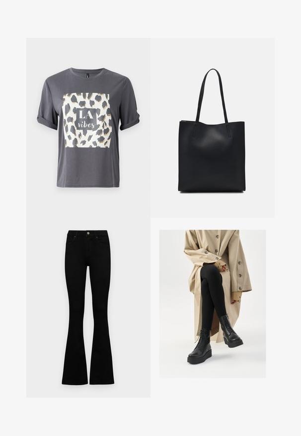 Graues T-Shirt mit einem Leopardenmuster-Design in Gold und Schwarz, mit dem Text "LA Vibes" in einem zentralen Quadrat auf der Vorderseite. Kurzärmlig.; Schwarze hochtaillierte Jeans mit einem Knopf- und Reißverschluss, Fronttaschen und ausgestellten Beinen, flach auf einem weißen Hintergrund ausgelegt.; Schwarze Lederstiefeletten mit Schnürdetail, erhöhtem Plateau und strukturierten schwarzen Leggings, getragen mit einem hellbeigen Trenchcoat.; Schwarze Laptoptasche aus Leder mit glatter Textur, rechteckiger Form und zwei langen Griffen. Keine sichtbaren Beschläge oder Verzierungen.