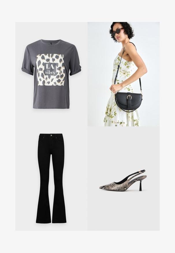 Tricou gri cu un design de imprimeu cu leopard în aur și negru, având textul "LA vibes" într-un pătrat central pe față. Mâneci scurte.; Jeans negri cu talie înaltă, cu închidere prin nasture și fermoar, buzunare frontale și picioare evazate, așezați pe un fundal alb.; Pantofi slingback cu vârf ascuțit, din material texturat cu imprimeu de șarpe, având un toc subțire negru și un design decupat pe laterale.; Geantă din piele neagră, cu o formă curbată, curea detașabilă și accesorii aurii. Geanta are un capac cu un detaliu tip cataramă.
