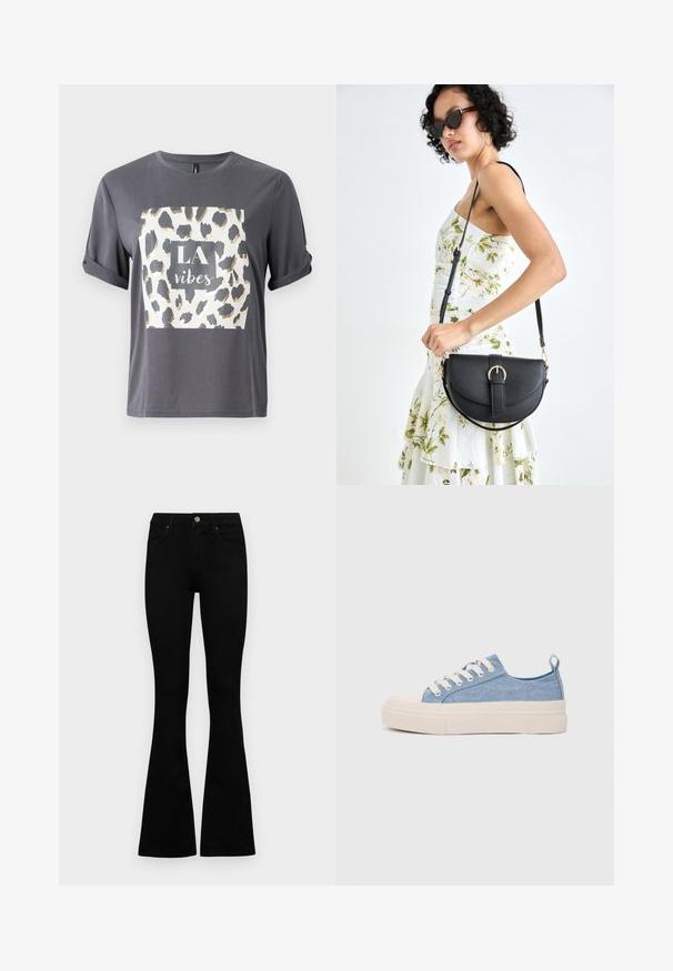 Sivá tréningová košeľa s leopardím vzorom v zlatej a čiernej farbe a textom "LA vibes" v centrálnom štvorci na prednej strane. Krátke rukávy.; Čierne vysoké nohavice s gombíkom a zipsom, predné vrecká a rozšírené nohavice položené na bielom pozadí.; Svetlomodré plátené tenisky s krémovou gumovou špičkou a podrážkou, obsahujúce biele šnúrky a pútko na päte.; Čierna kožená kabelka s zaobleným tvarom, odnímateľným popruhom a zlatými doplnkami. Kabelka má klopu s detailom s prackou.