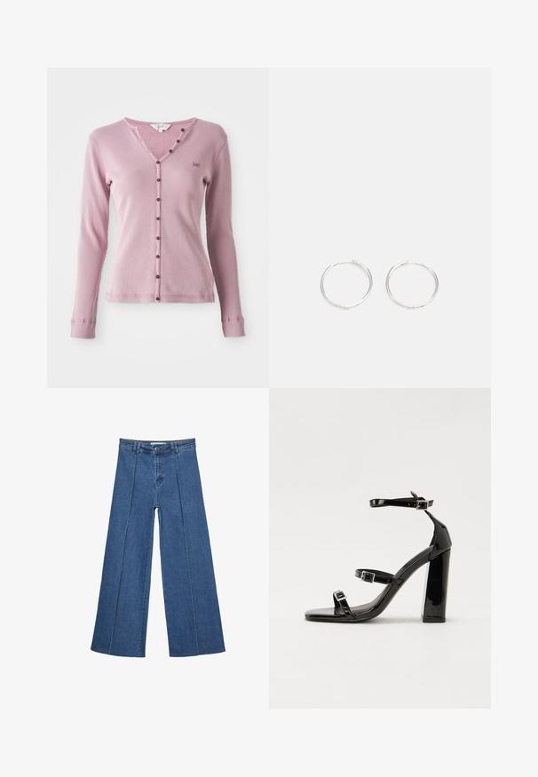 Różowa, prążkowana, długorękawowa kardiganka z dekoltem w kształcie litery V, wyposażona w brązowe guziki z przodu oraz małe logo na lewej piersi.; Jeans typu wide-leg w średnim niebieskim kolorze, z wysokim stanem, zapięciem na guziki oraz kontrastowymi szwami pionowymi z przodu.; Czarne lakierowane sandały na obcasie z kwadratowym noskiem, z paskami wokół kostki i srebrnymi klamrami. Posiadają masywny słupek dla stabilności.; Srebrne kolczyki w kształcie obręczy o gładkim, okrągłym designie, charakteryzujące się gładką powierzchnią i brakiem widocznych ozdób. Średnica nieokreślona.