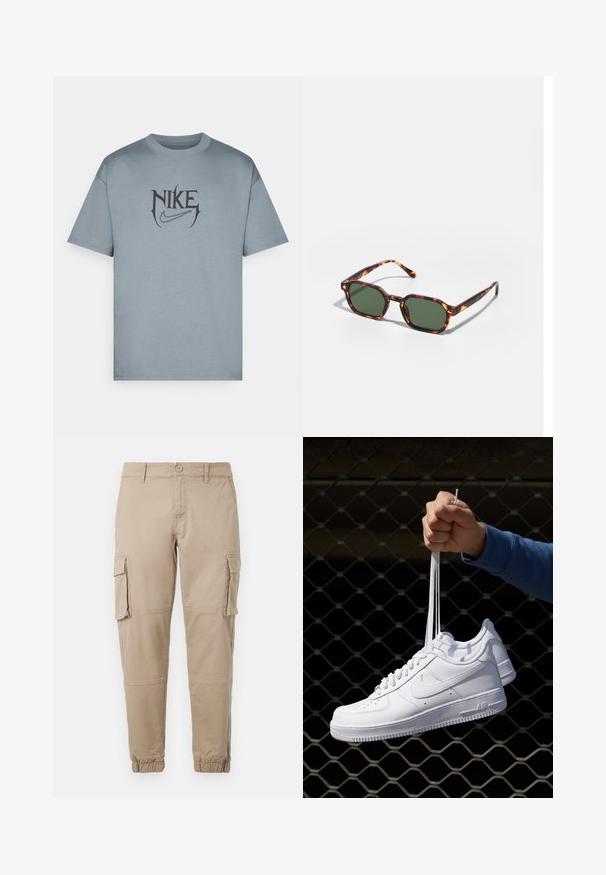 Nike Performance TEE - Potiskana majica - cool grey; Bežne cargo hlače iz lahkega bombažnega materiala. Imajo elastične manšete, več stranskih žepov in gumbasto zapiranje.; Bela usnjena športna obutev s perforacijami, okroglo konico, ravnim podplatom in debelimi vezalkami, z vidnim logotipom smoosh in napisom "AIR" na peti.; Očalna okvir iz želvje školjke z zelenimi lečami, ki ima osemkotno obliko in tanke, zakrivljene ročke. Material ima sijajno površino.