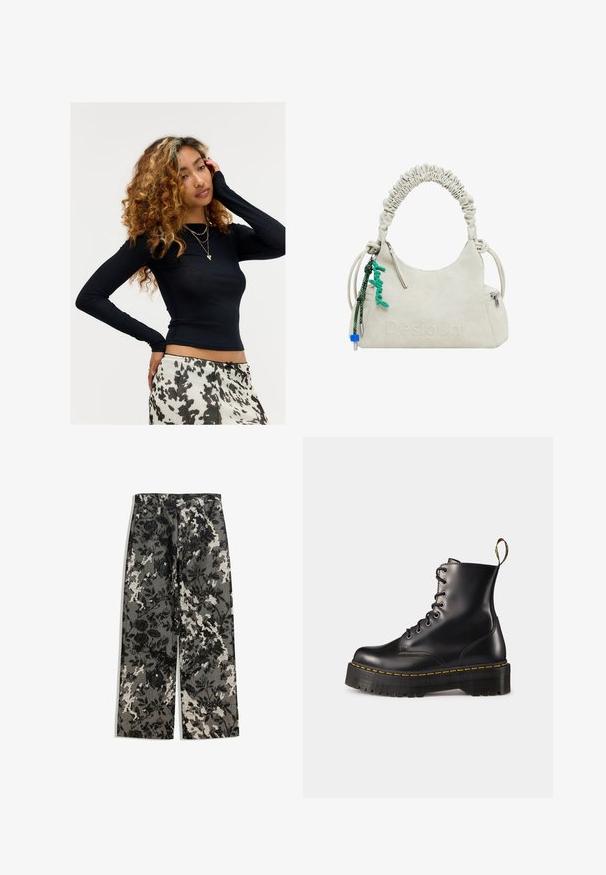 Mlada žena s kovrčavom kosom, odjevena u crnu bluzu dugih rukava, sa složenim zlatnim ogrlicama i suknjom s bijelim i crnim uzorkom, pozira s jednom rukom na licu.; Hlače srednje visine s širokim nogavicama u teksturiranom crno-bijelom cvjetnom uzorku na sivoj pozadini, s klasičnim pojasom i prednjim džepovima.; Crne kožne čizme s vezanjem do članka, s debelim crnim potplatom i žutim šavom. Imaju traku za povlačenje na stražnjoj strani i okrugle metalne rupice.; Off-white lažna kožna torba s naboranom drškom, džepom na zip i zelenim privjeskom. Glatka tekstura, suptilni uvezeni logotip i elegantan dizajn.