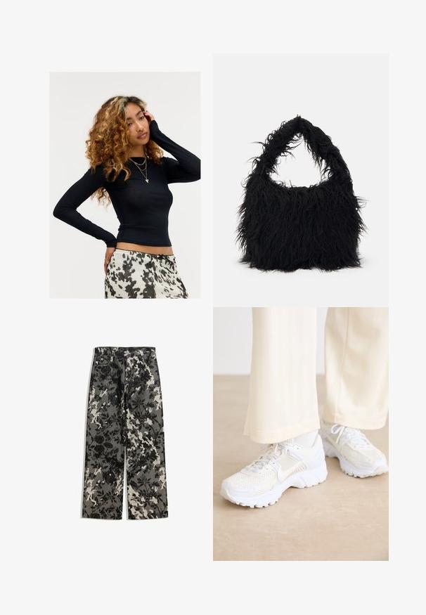 Mlada žena s kovrčavom kosom, odjevena u crnu bluzu dugih rukava, sa složenim zlatnim ogrlicama i suknjom s bijelim i crnim uzorkom, pozira s jednom rukom na licu.; Hlače srednje visine s širokim nogavicama u teksturiranom crno-bijelom cvjetnom uzorku na sivoj pozadini, s klasičnim pojasom i prednjim džepovima.; Bijele atletske cipele s mrežastim dizajnom, teksturiranim površinama i potpornih tabanima. Šnalice i suptilan detalj brendiranja sa strane.; Even&Odd Velika torba - black