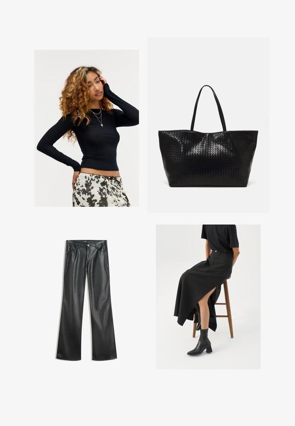 Młoda kobieta z kręconymi włosami w czarnym topie z długim rękawem, z warstwą złotych naszyjników oraz spódnicą w biało-czarny wzór, pozująca z jedną ręką na twarzy.; Czarne sztuczne skórzane spodnie w stylu dzwonów o gładkiej fakturze, pięcioma kieszeniami, zamkiem z przodu i kontrastowymi szwami.; Czarna lniana spódnica maxi z wysokim rozcięciem, noszona z czarnym t-shirtem i czarnymi botkami sięgającymi kostek. Minimalistyczny design z luźnym krojem.; Czarna pleciona torba na ramię z dwoma mocnymi uchwytami, charakteryzująca się błyszczącą powierzchnią i przestronnym otwartym topem.