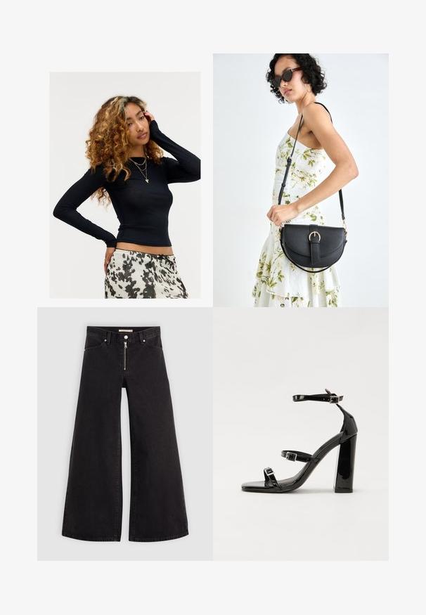Ung kvinne med krøllete hår iført en svart langermet topp, lagdelte gullkjeder og et skjørt med hvite og svarte mønstre, poserer med en hånd på ansiktet.; Vide benbukser i sort denim med glidelås i front, fem-lomme design og subtile sømdetaljer. Glatt tekstur og avslappet stil.; Svart høyglans sandaler med hæl, firkantet tå, ankelremmer og sølvspenner. Har en kraftig blokkhæl for stabilitet.; Svart lærveske med en buet form, avtagbar stropp og gullbeslag. Vesken har et klaff med spenne-detall.