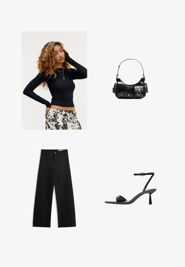 Mladá žena s kučeravými vlasmi, oblečená v čiernom dlhom rukáve, s viacerými zlatými náhrdelníkmi a sukňou so vzorom v bielej a čiernej farbe, pózujúca s jednou rukou na tvári.; Čierne denimové nohavice s širokými nohavicami a vysokým pásom, so prednými a zadnými vreckami, šitými švami a zapínaním na gombík. Hladká textúra.; Bershka Sandále na vysokom opätku - black; Čierna laková kožená kabelka s ohnutým tvarom, jedným ramenným popruhom, prednými vreckami a striebornými kovovými doplnkami.